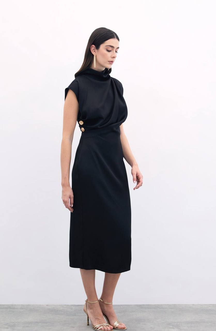 Black Satin Dress with gold Buckle